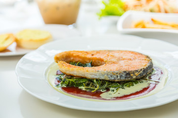 Grilled Salmon Steak with Spinach