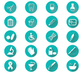 Medical icons flat design. Modern long shadow medical icon set.
