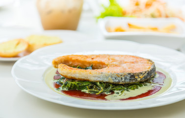 Grilled Salmon Steak with Spinach