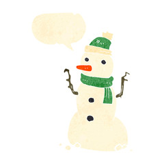 retro cartoon snowman with speech bubble
