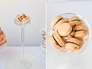 French coffee macaroons on the glass plate 