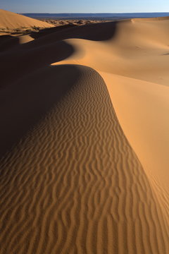 Orange sand dunes and sand ripples, Erg Chebbi sand sea, Sahara Desert near Merzouga, Morocco