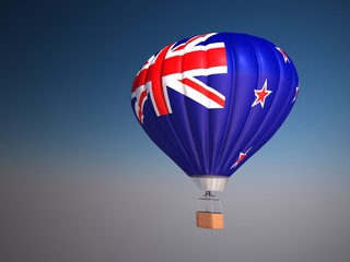 Hot air balloon with flag of New Zealand over blue sky , 3d illustration