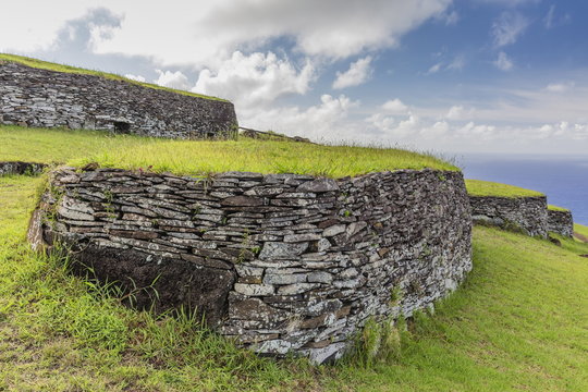 One of 53 stone masonry houses at Orongo, a stone village and Birdman ceremonial site at the southwestern tip of Easter Island, Rapa Nui National Park, Easter Island (Isla de Pascua), Chile