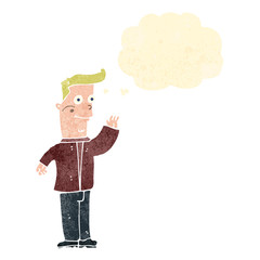 retro cartoon waving man with thought bubble