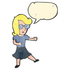 cartoon woman with glasses and speech bubble