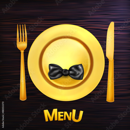 "Restaurant menu concept with golden fork knife and plate" Stock image
