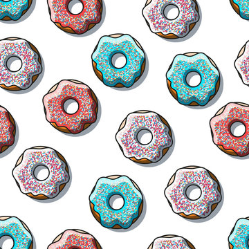 Seamless pattern of detailed donuts on white background