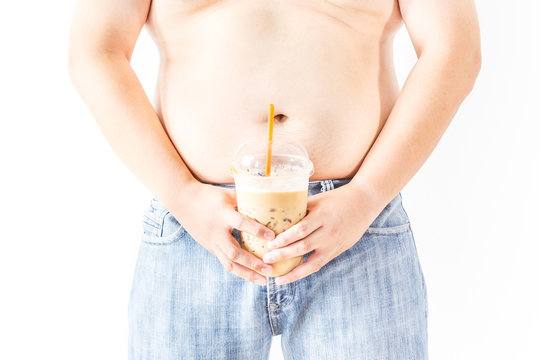 Fat man with coffee on white  background