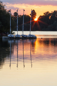 Boats By A Pontoon During Sunset At Bray Lake, Berkshire