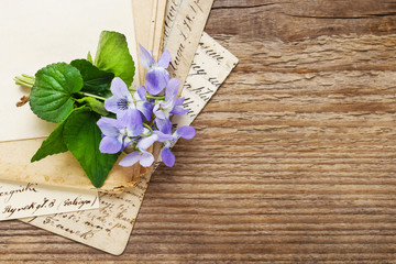 Bouquet of violet flowers (viola odorata) and vintage letters