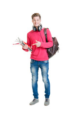 Teenage student  holding bag and books isolated on white