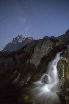 The sources of River Po, the longest in Italy, by Monviso (Monte Viso) mountain, Piedmont
