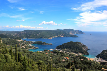 Sea view. Mountain view. Beautiful Paleokastritsa and ionian sea. Panorama of sea coast