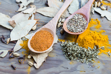 Spices in spoons on wooden table