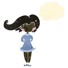 retro cartoon happy girl with thought bubble