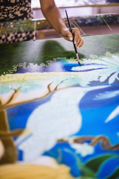 Sri Lankan woman batik painting, Anuradhapura, Central Province, Sri Lanka