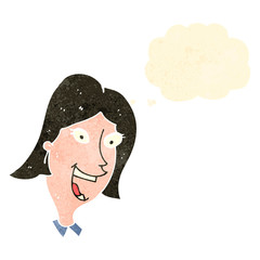 retro cartoon excited woman with thought bubble