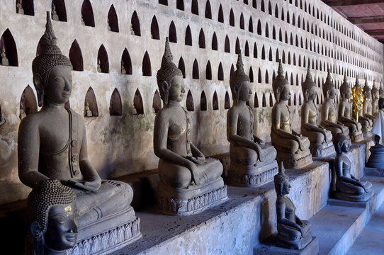 Buddha statues in the cloister or gallery surrounding the Sim, Wat Sisaket, Vientiane, Laos
