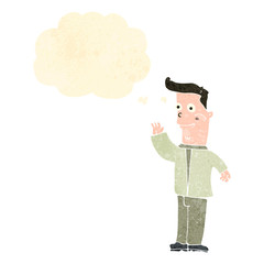 retro cartoon waving man with thought bubble