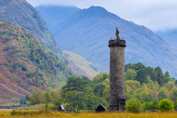 Monument to 1745 landing of Bonnie Prince Charlie at start of Jacobite Uprising, Glenfinnan, Loch Shiel, Highlands, Scotland