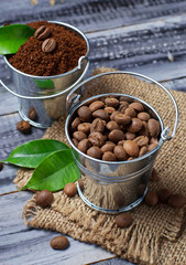 Ground coffee and coffee beans