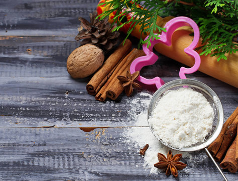 Ingredients for Christmas cookies -  flour, anise, cinnamon