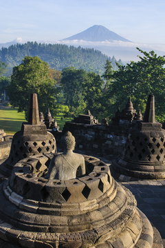 Early morning light at the stupas of the temple complex of Borobodur, Java, Indonesia