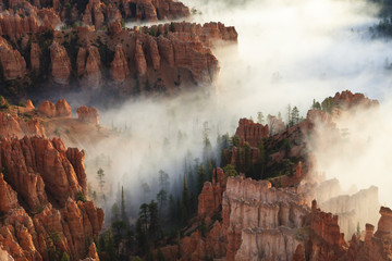 Pinnacles and hoodoos with fog extending into clouds of a partial temperature inversion, Bryce Canyon National Park, Utah
