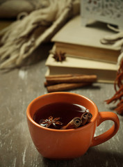 Cup of hot tea with cinnamon