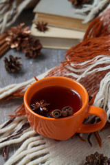 Cup of hot tea with cinnamon