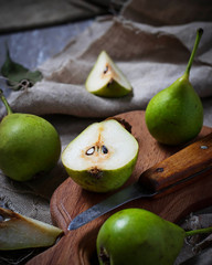 Sweet sliced pears in wooden table