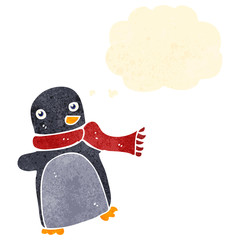 retro cartoon christmas penguin with thought bubble
