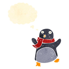 retro cartoon christmas penguin with thought bubble