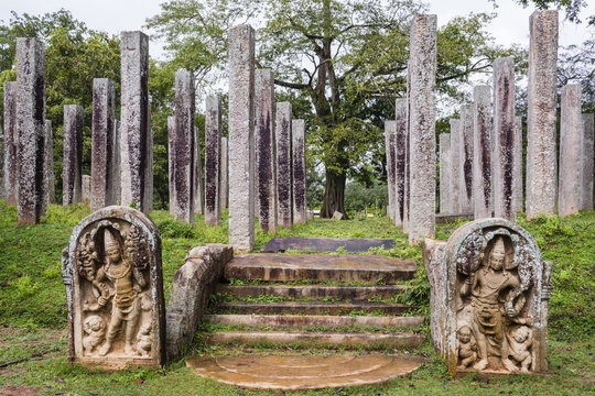 Ruins of stone columns at Thuparama Dagoba in the Mahavihara (The Great Monastery), Sacred City of Anuradhapura, Sri Lanka