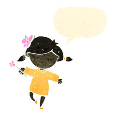 retro cartoon happy girl with flower