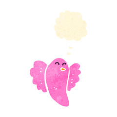 retro cartoon pink bird with thought bubble