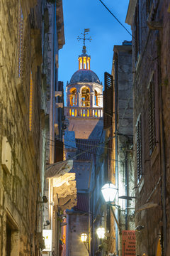 St. Marko Bell Tower illuminated at dusk, Stari Grad (Old Town), Korcula Town, Korcula, Dalmatia, Croatia