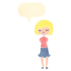 retro cartoon blond woman with speech bubble