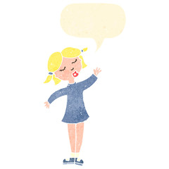 retro cartoon waving girl with speech bubble