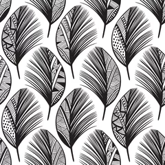 Photo sur Plexiglas Noir et blanc Modèle sans couture avec plumes de doodle dessinées à la main.