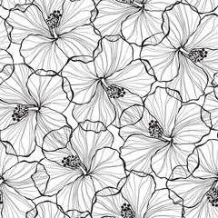 Black and white  seamless pattern with hibiscus flowers.