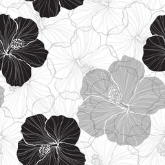 Panele Szklane Podświetlane  Czarno-biały wzór z kwiatami hibiskusa.