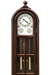 Antique clock with wood carved decoration, isolated on white bac