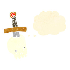 retro cartoon skull and sword with thought bubble