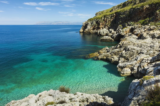 Lovely limestone cove at Zingaro Nature Reserve near Scopello on this beautiful north western coastline, Scopello, Sicily, Mediterranean