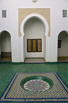 Patio and water basin, with azulejos decor, Islamo-Andalucian art, Marrakech Museum, Marrakech, Morocco