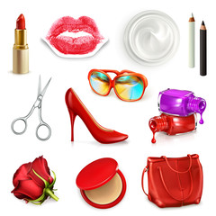 Red ladies handbag with cosmetics, accessories - obrazy, fototapety, plakaty