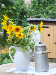 Obraz premium Sonnenblumen, Milchkrug und Milchkanne