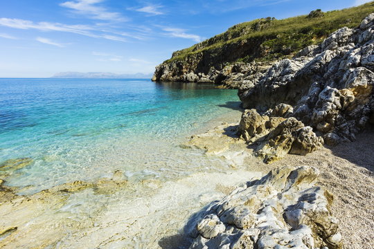 Lovely limestone cove at Zingaro Nature Reserve near Scopello on this beautiful north western coastline, Scopello, Sicily, Mediterranean